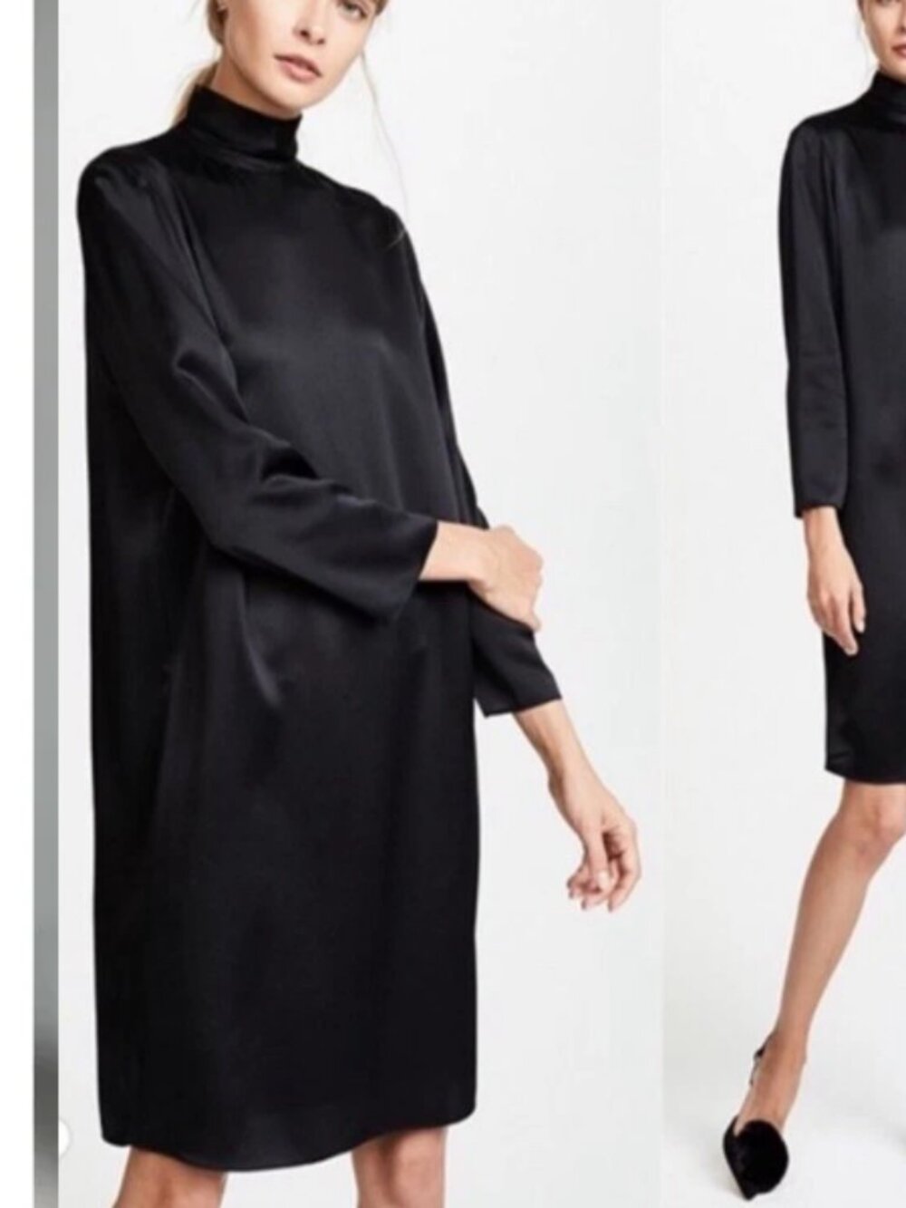 Vince Silk Mock Neck Mini Shift Dress Black L